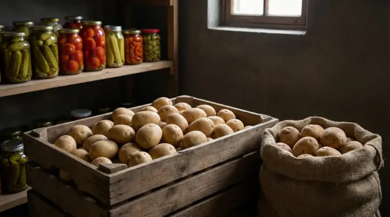 Patate conservate in una cassa di legno e in un sacco di juta in una dispensa