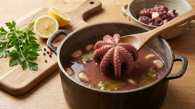 Polpo cotto in pentola con aromi, aglio e alloro su tavolo da cucina