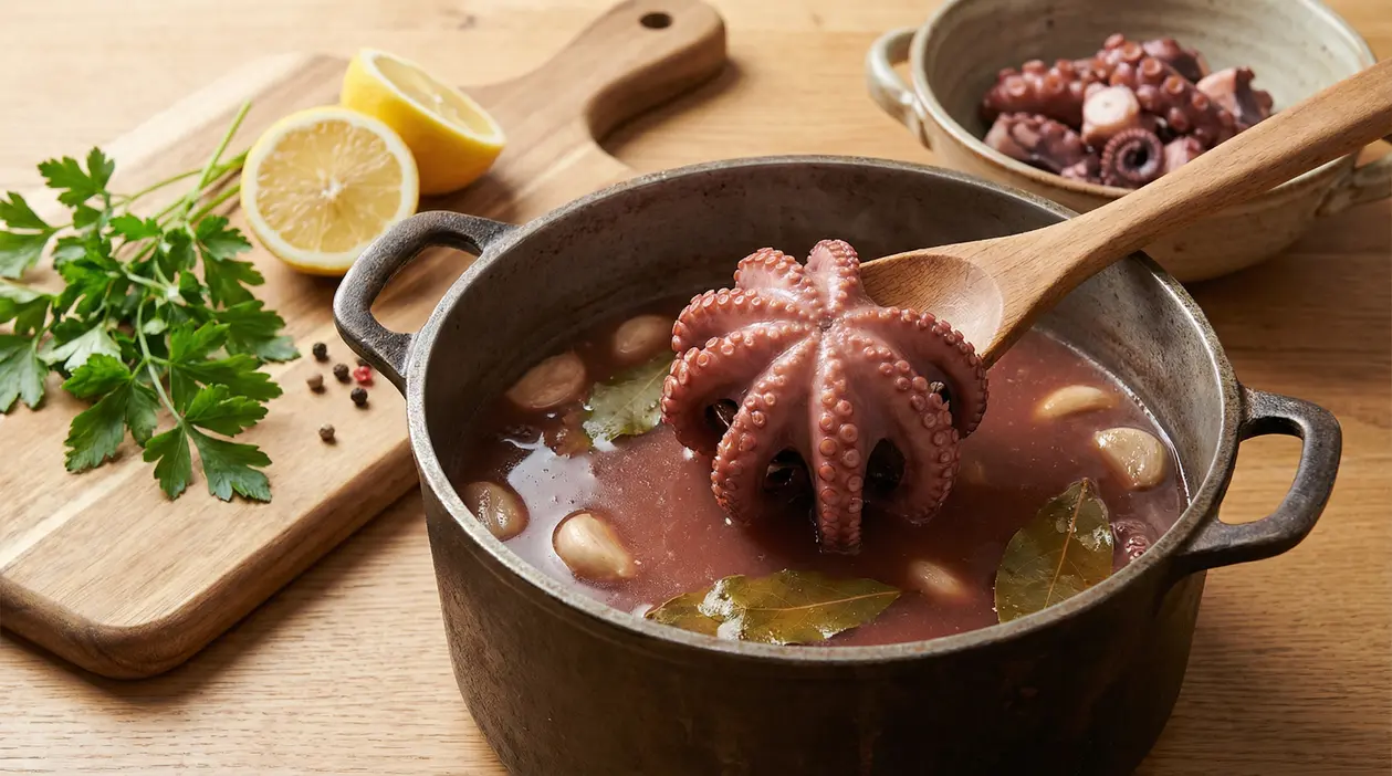Polpo cotto in pentola con aromi, aglio e alloro su tavolo da cucina
