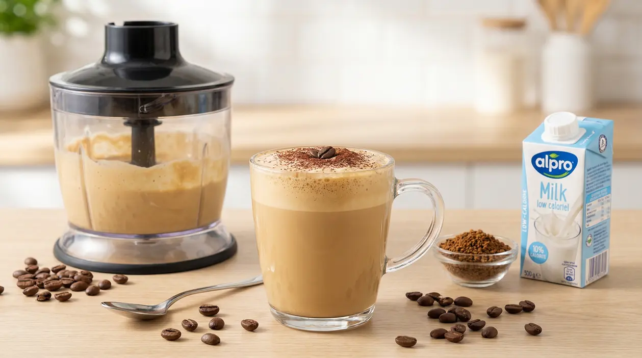 Crema al caffè servita in una tazza trasparente con frullatore, caffè solubile e latte a basso contenuto calorico.