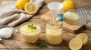 Crema al limone versata da una bottiglia di plastica in un barattolo di vetro, con limoni e ingredienti sullo sfondo.
