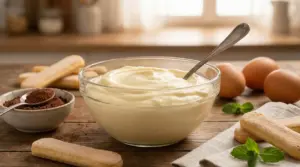 Ciotola di crema al mascarpone con savoiardi, cacao e uova su tavolo rustico