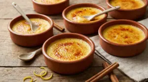 Ciotole di crema catalana con superficie caramellata su un tavolo in legno