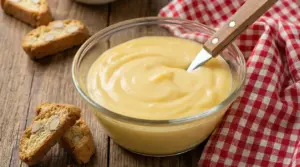 Crema pasticcera in una ciotola di vetro con biscotti secchi su un tavolo di legno