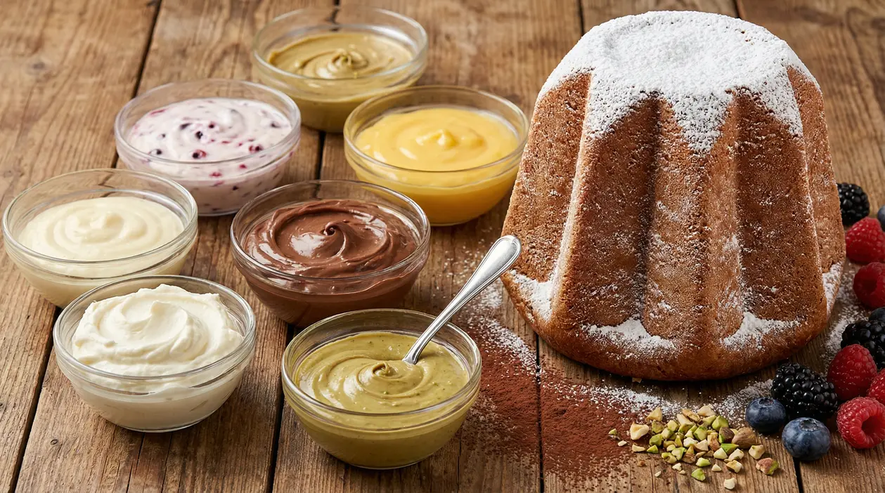Pandoro con ciotole di creme dolci di vari gusti su tavolo di legno
