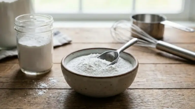 Ciotola di cremor tartaro in polvere con cucchiaio su tavolo di legno