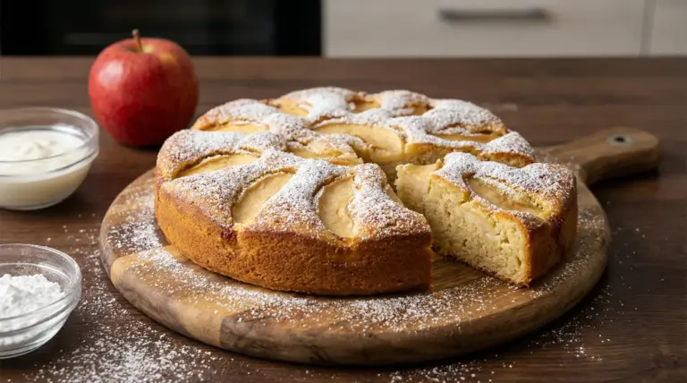 Dolce soffice alle mele spolverato con zucchero a velo su tagliere di legno