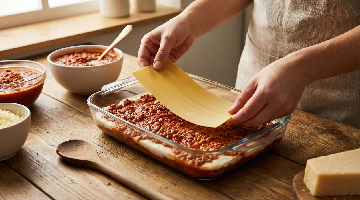 Una persona stende una sfoglia di pasta su uno strato di ragù in una teglia per lasagne