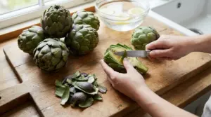 Mani che puliscono un carciofo su un tagliere di legno vicino a carciofi interi e ciotola con limone