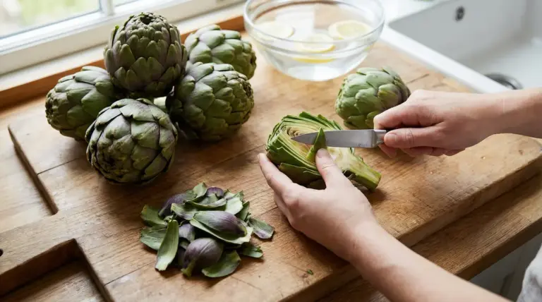 Mani che puliscono un carciofo su un tagliere di legno vicino a carciofi interi e ciotola con limone