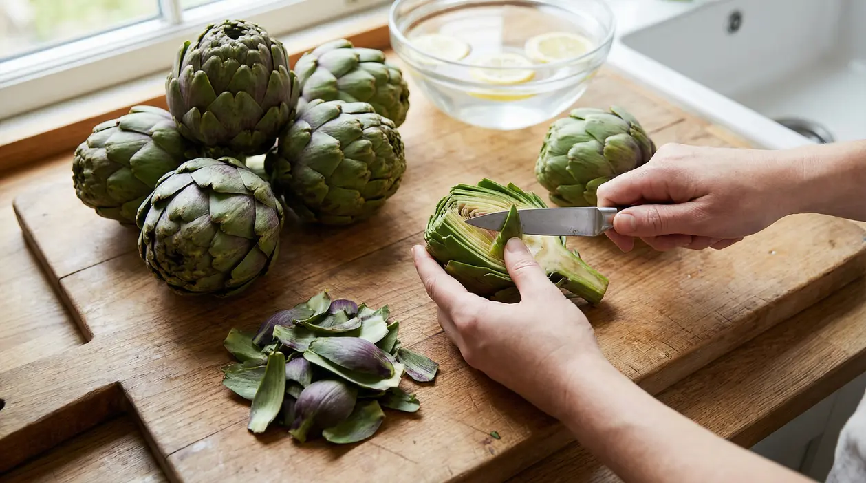 Mani che puliscono un carciofo su un tagliere di legno vicino a carciofi interi e ciotola con limone
