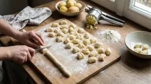 Preparazione di gnocchi fatti in casa su un tagliere infarinato con patate e farina sul tavolo