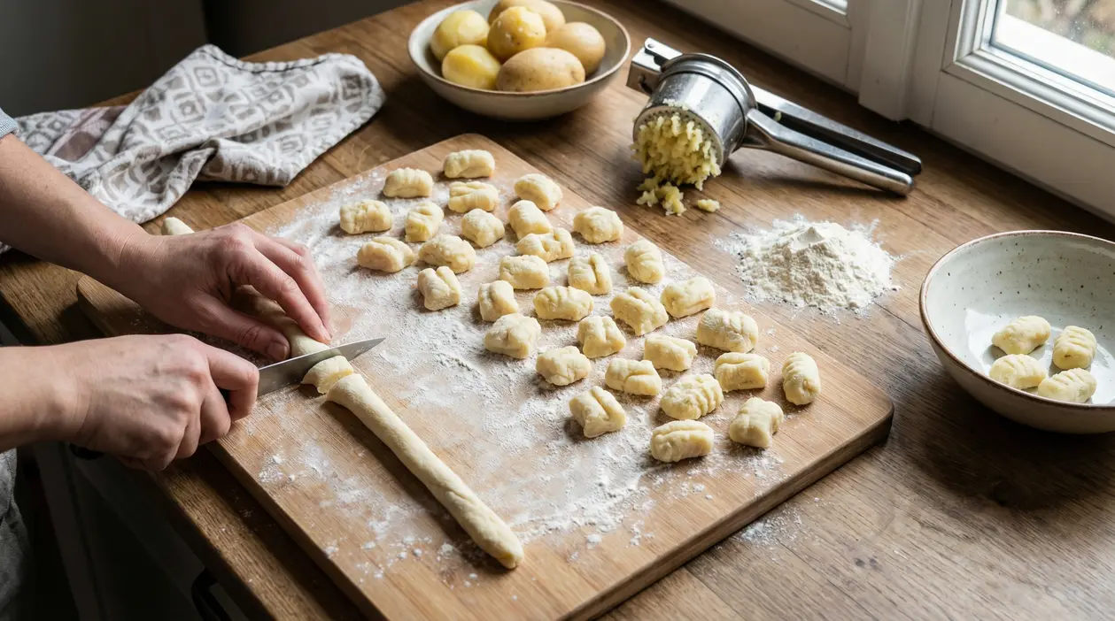 Preparazione di gnocchi fatti in casa su un tagliere infarinato con patate e farina sul tavolo