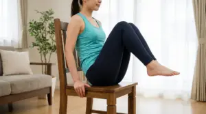 Persona che esegue un esercizio da seduta sollevando le gambe su una sedia in salotto