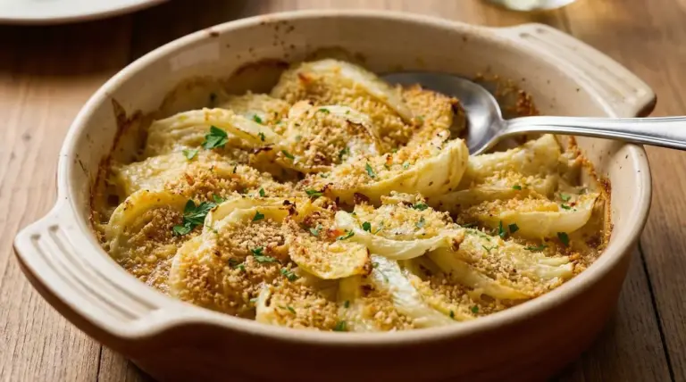 Finocchi al forno gratinati in una teglia di ceramica su un tavolo di legno