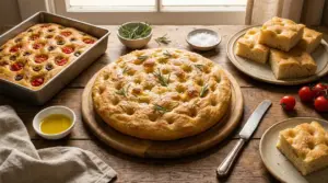 Focaccia fatta in casa su tavolo rustico, con varianti con pomodorini e rosmarino