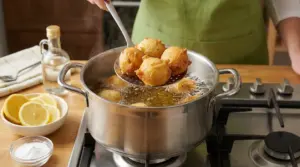 Frittelle dorate appena tolte dall’olio bollente in una cucina domestica