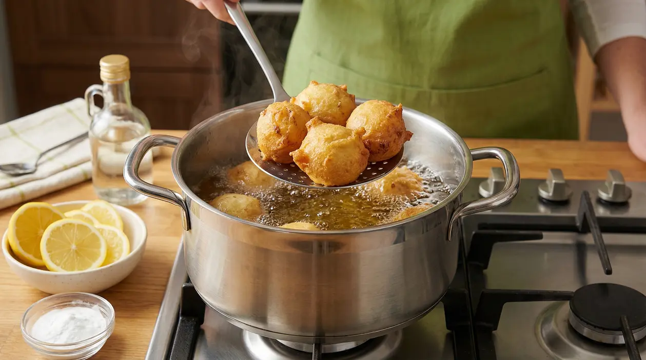 Frittelle dorate appena tolte dall’olio bollente in una cucina domestica