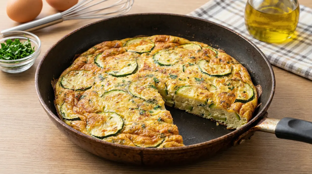 Frittata alta e soffice con zucchine in padella su un tavolo di legno