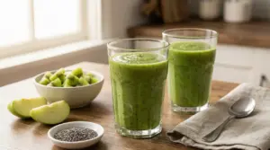 Due bicchieri di frullato verde con kiwi, mela verde e semi di chia su un tavolo di legno