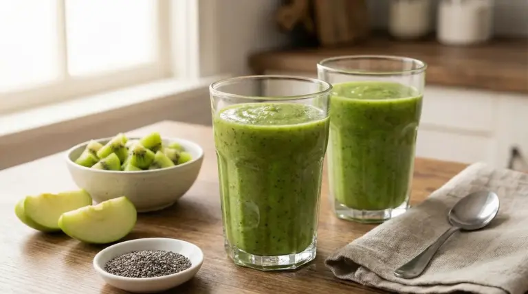 Due bicchieri di frullato verde con kiwi, mela verde e semi di chia su un tavolo di legno