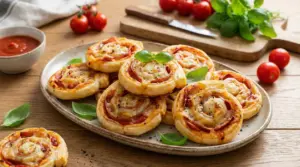 Girelle di pasta sfoglia salate con pomodoro e formaggio su un piatto da portata, decorate con basilico fresco