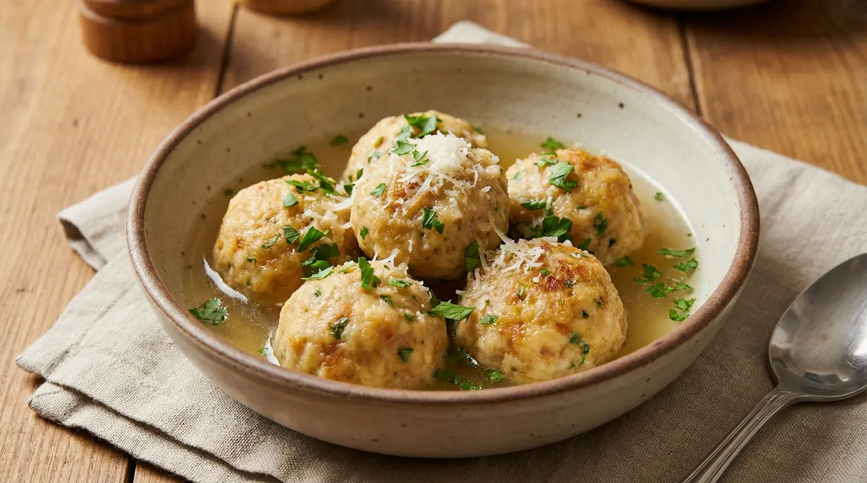 Piatto di canederli serviti in brodo con prezzemolo fresco e formaggio grattugiato.