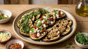 Melanzane grigliate condite con pesto, feta, pomodori secchi, pinoli e basilico su un piatto di ceramica