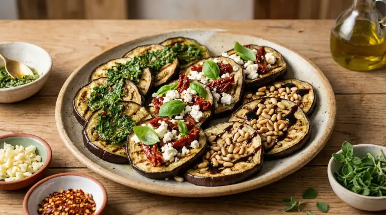 Melanzane grigliate condite con pesto, feta, pomodori secchi, pinoli e basilico su un piatto di ceramica