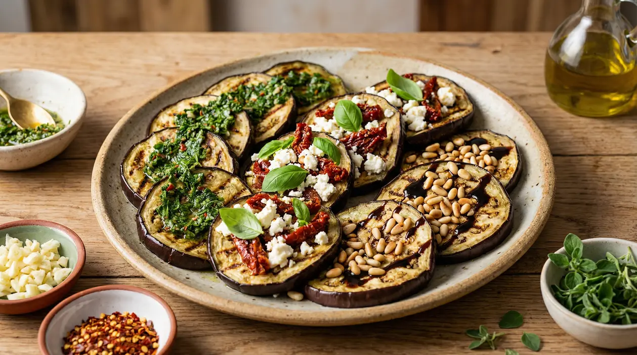 Melanzane grigliate condite con pesto, feta, pomodori secchi, pinoli e basilico su un piatto di ceramica