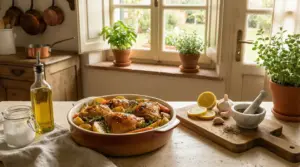 Pollo al forno con verdure in una cucina rustica illuminata dalla luce naturale