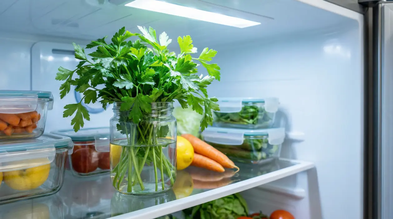 Mazzo di prezzemolo fresco conservato in un barattolo d'acqua all'interno di un frigorifero