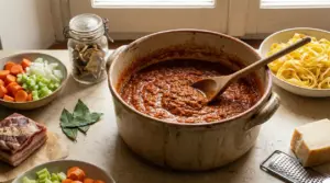 Ragù alla bolognese in una pentola di coccio con ingredienti freschi sul tavolo