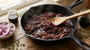 Cipolle caramellate in padella di ferro con mestolo di legno su tavolo rustico