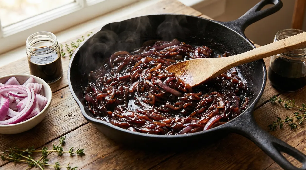 Cipolle caramellate in padella di ferro con mestolo di legno su tavolo rustico