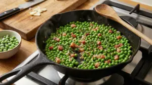 Piselli surgelati saltati in padella con pancetta e aromi