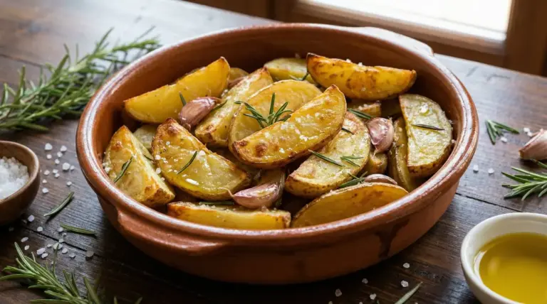 Patate al forno croccanti in una teglia di terracotta con rosmarino e aglio