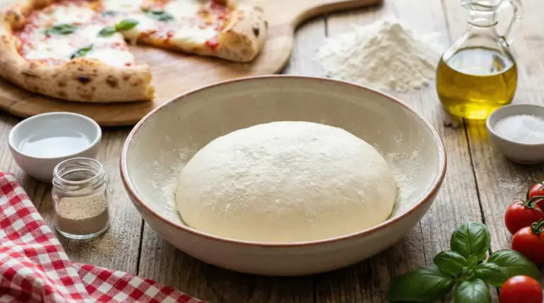 Impasto per pizza lievitato in ciotola di ceramica con ingredienti freschi intorno