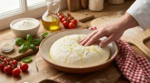 Impasto per pizza soffice in una ciotola, pronto per la lavorazione