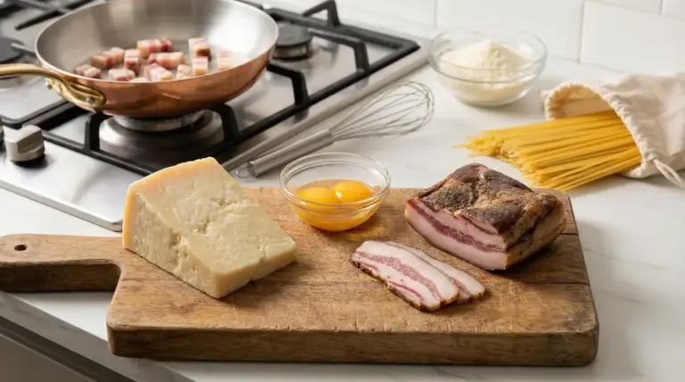 Ingredienti per la Carbonara disposti su un piano cucina: guanciale, uova, formaggio, pasta e padella sul fornello