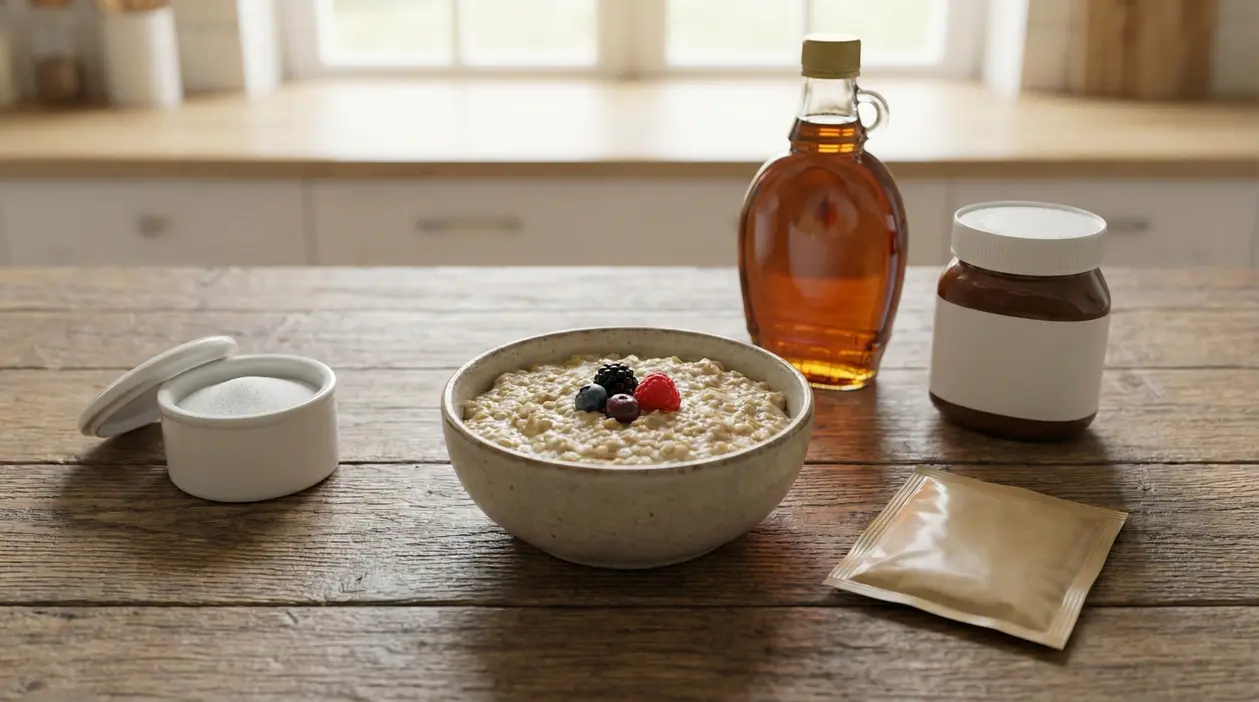 Ciotola di avena con frutti di bosco accanto a zucchero, sciroppo, crema spalmabile e una bustina su un tavolo in cucina