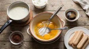 Ingredienti per tiramisù disposti su un tavolo di legno, tra cui uova, savoiardi, caffè e crema