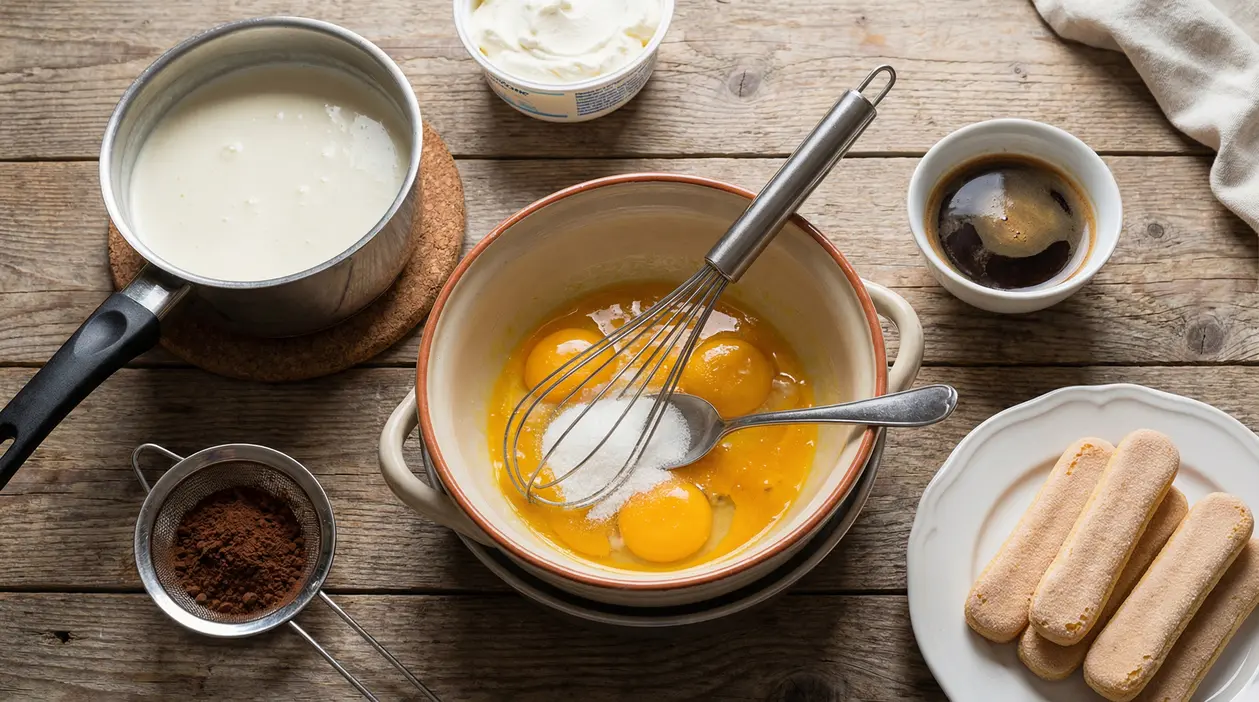 Ingredienti per tiramisù disposti su un tavolo di legno, tra cui uova, savoiardi, caffè e crema