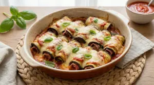 Involtini di melanzane al forno con prosciutto, formaggio e salsa di pomodoro