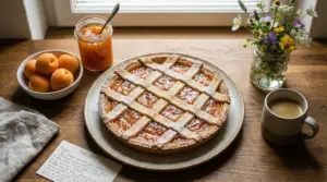 Crostata alla marmellata su tavolo rustico con albicocche, caffè e fiori
