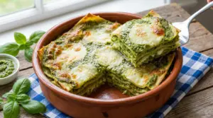 Lasagne al pesto servite in una teglia di terracotta con formaggio fuso e basilico fresco