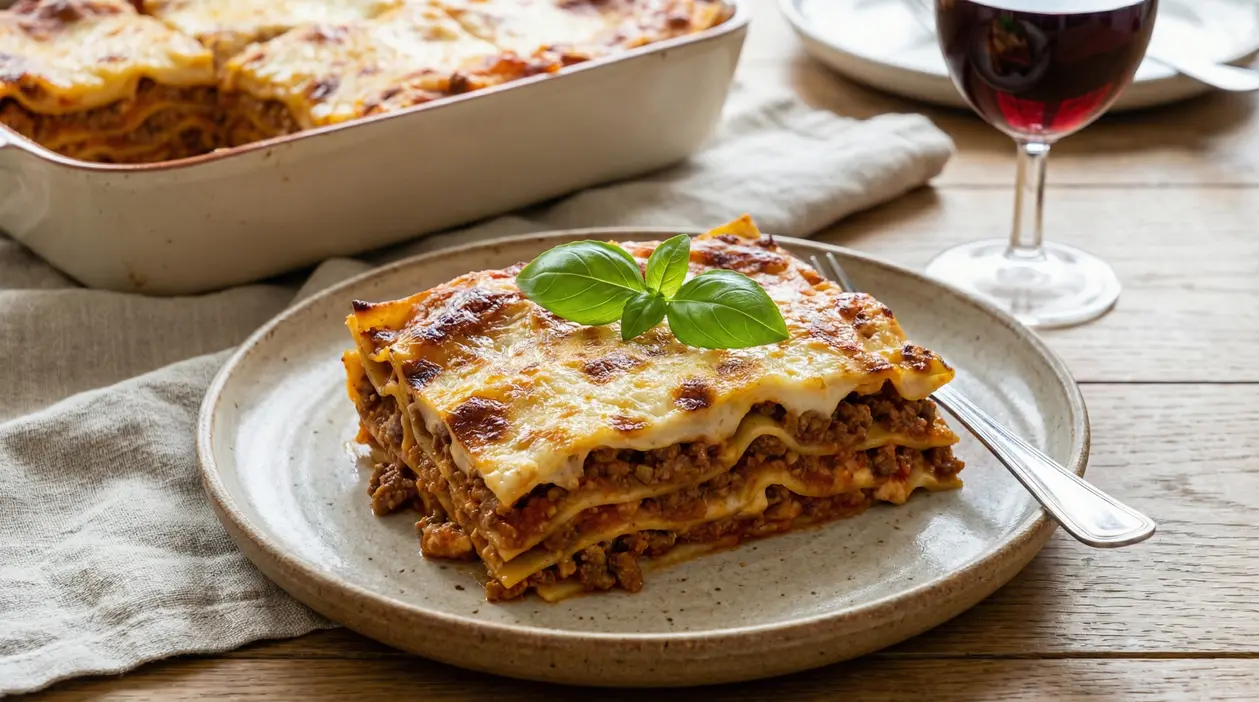 Piatto di lasagne alla bolognese servito con un bicchiere di vino rosso