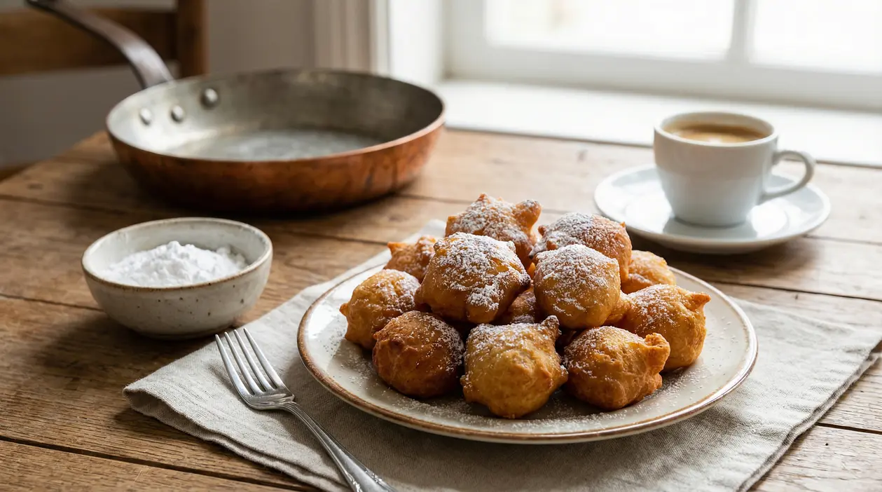 Frittelle dorate con zucchero a velo su un piatto, accanto a una tazza di caffè su tavolo rustico