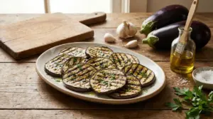 Fettine di melanzane grigliate su un piatto con olio, aglio e prezzemolo su un tavolo rustico