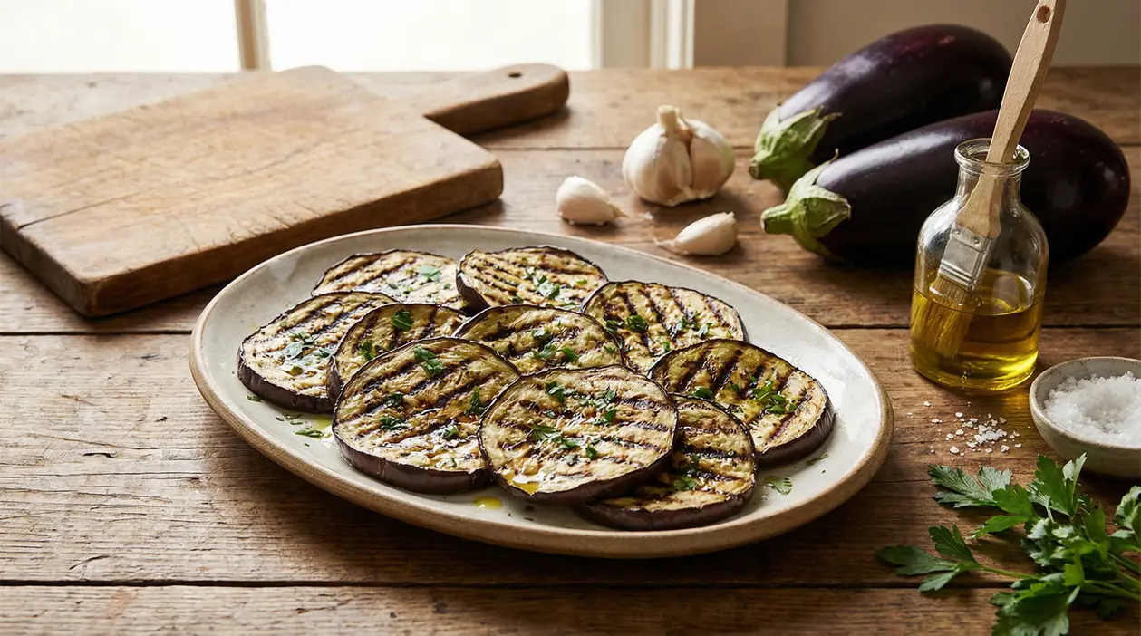 Fettine di melanzane grigliate su un piatto con olio, aglio e prezzemolo su un tavolo rustico